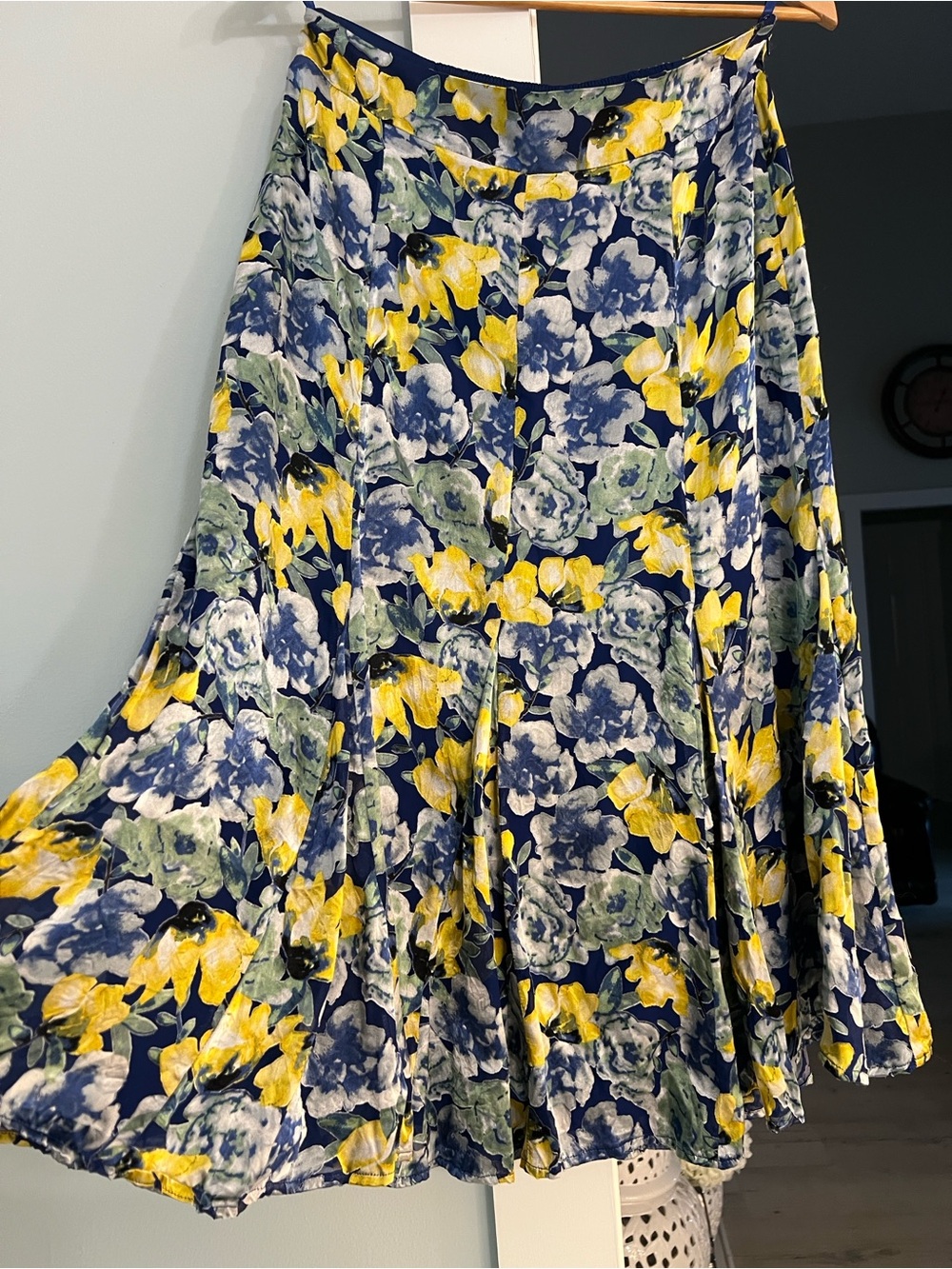 White House Black Market Navy Floral Circle Skirt with Yellow & Green Accents